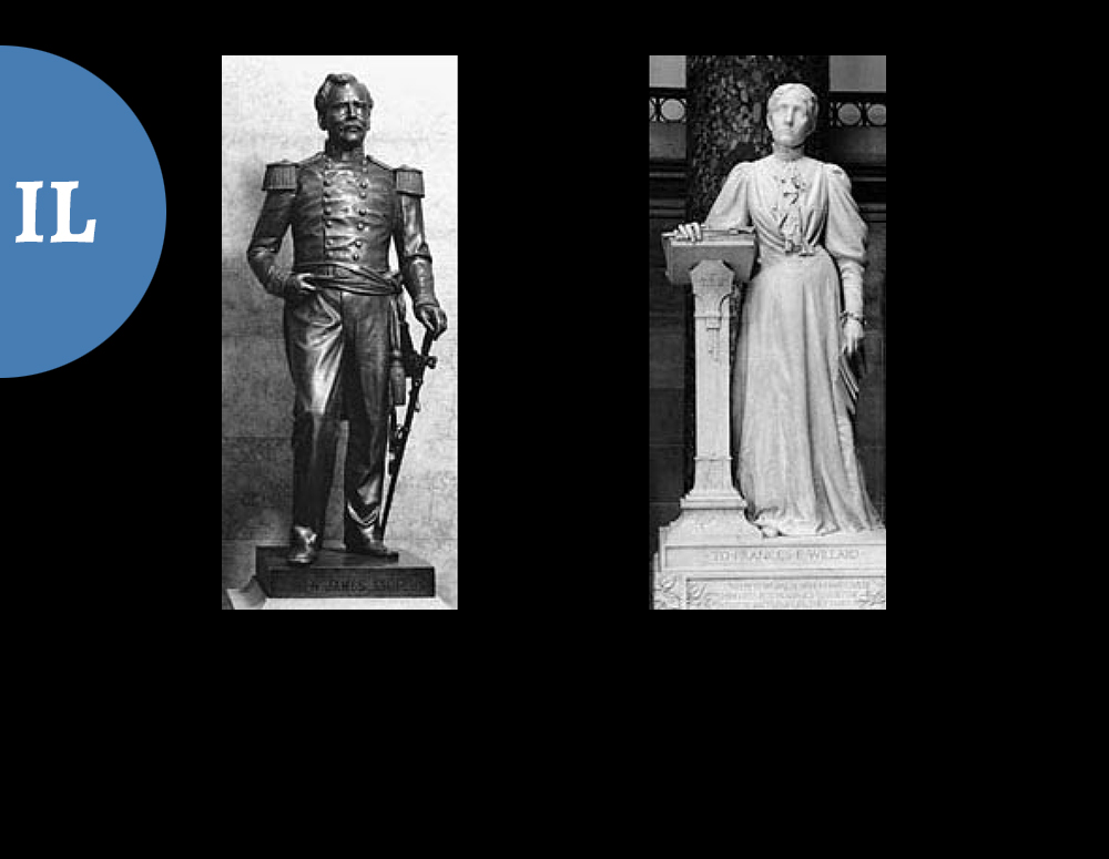 Illinois: LEFT: Gen. James Shields (1806-1879) / Military officer, Jurist, and U.S. Senator from three different states / by Leonard Wells Volk || RIGHT: Frances E. Willard (1839-1898) / Women's rights and temperance leader / by Helen Farnsworth Mears, 1906