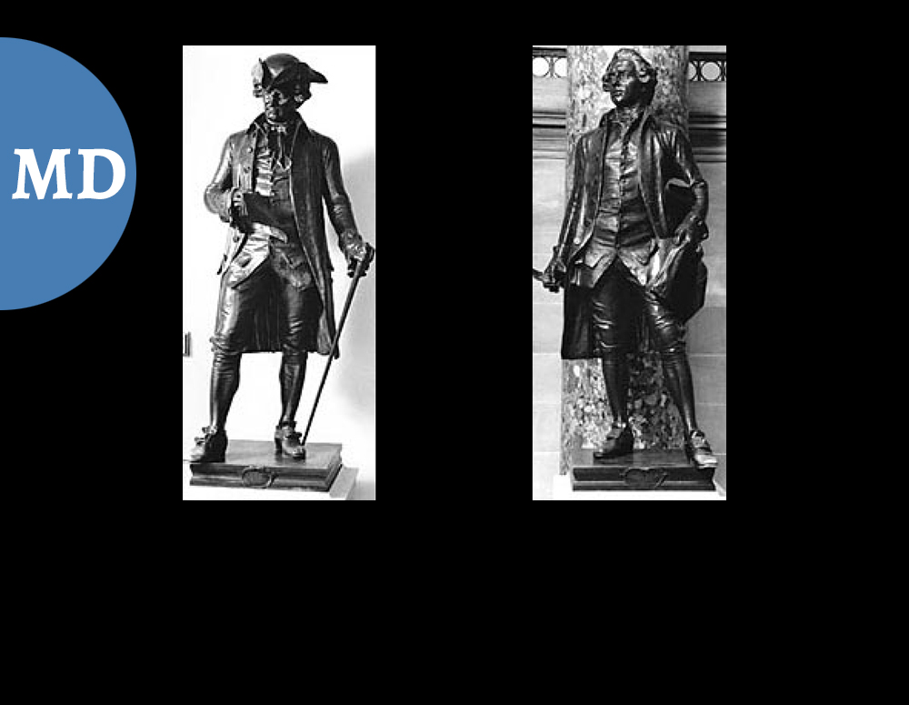 Maryland: LEFT: John Hanson (1721-1783) / Revolutionary leader, signer of the Articles of Confederation / by Richard E. Brooks, 1903 || RIGHT: Charles Carroll of Carrollton (1737-1832) / Revolutionary leader and signer of the Declaration of Independence, Delegate, Senator / by Richard E. Brooks, 1903