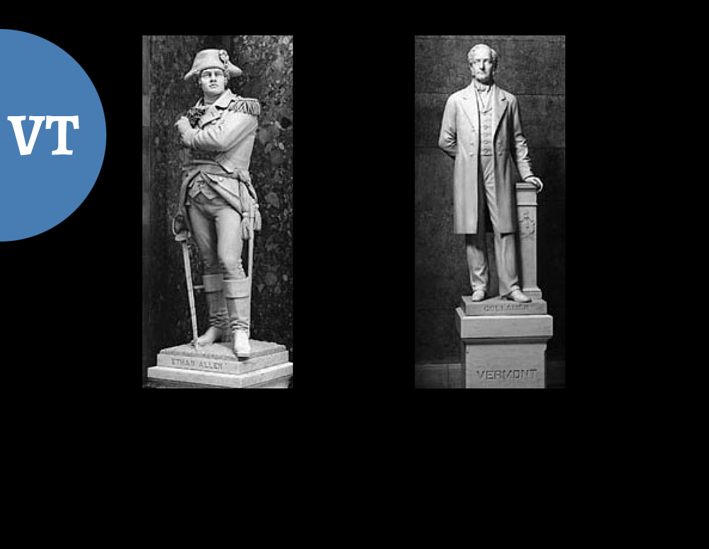 Vermont: LEFT: Ethan Allen (1737/38-1789) / Military leader and author / Larkin G. Mead || RIGHT: Jacob Collamer (1791-1865) / Jurist, Representative, Cabinet member and Senator / by Hiram and Preston Powers