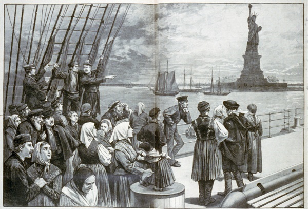 This 1887 image from Frank Leslie's Illustrated Newspaper shows immigrants on the deck of the steamer Germanic.