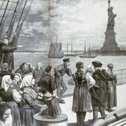 This 1887 image from Frank Leslie's Illustrated Newspaper shows immigrants on the deck of the steamer Germanic.