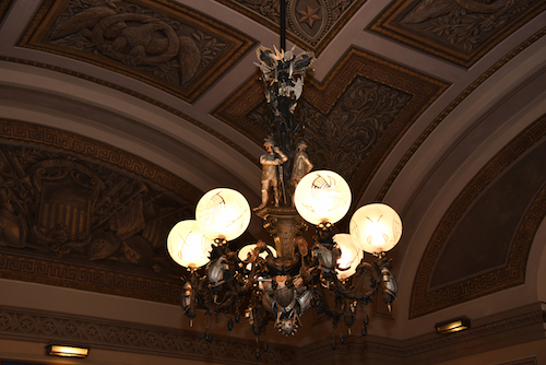The chandelier in the Trophy Room, meant to evoke historic rooms in which trophies from conquered foes were displayed.