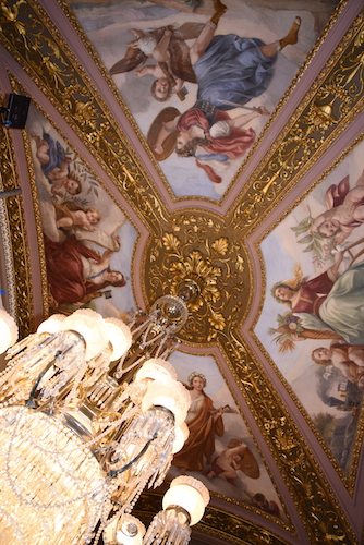The ornate ceiling of the Senate Reception Room, decorated by Brumidi