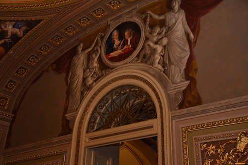 The lunette of Founding Fathers and architects of the Connecticut Compromise Roger Sherman and Oliver Ellsworth was added to the Senate Reception Room in 2006.
