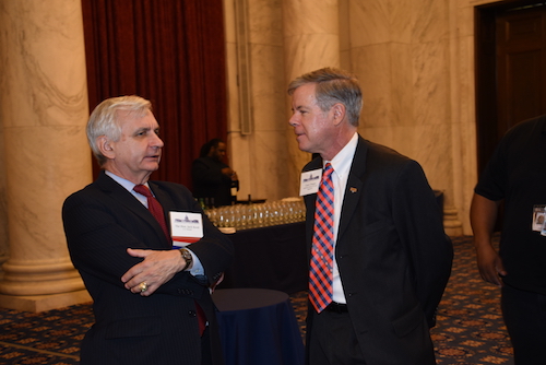 Casey Dinges, American Society of Civil Engineers, and Sen. Jack Reed chatted as Senators and Society members gathered prior to the Presentation of the Colors by the U.S. Capitol Police Ceremonial Unit.